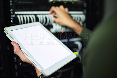 Buy stock photo Screen, server room and hands with a tablet for information, network analytics or maintenance. Closeup, working and a programmer with blank technology for system connectivity, coding or support
