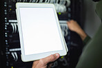 Screen, technician and hands with a tablet for information on a server room for network analytics. Closeup, working and a programmer with blank technology for system connectivity, coding and research