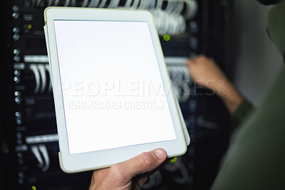 Buy stock photo Screen, technician and hands with tablet for information on a server room for network analytics. Closeup, working and a programmer with mockup technology for system connectivity, coding and research