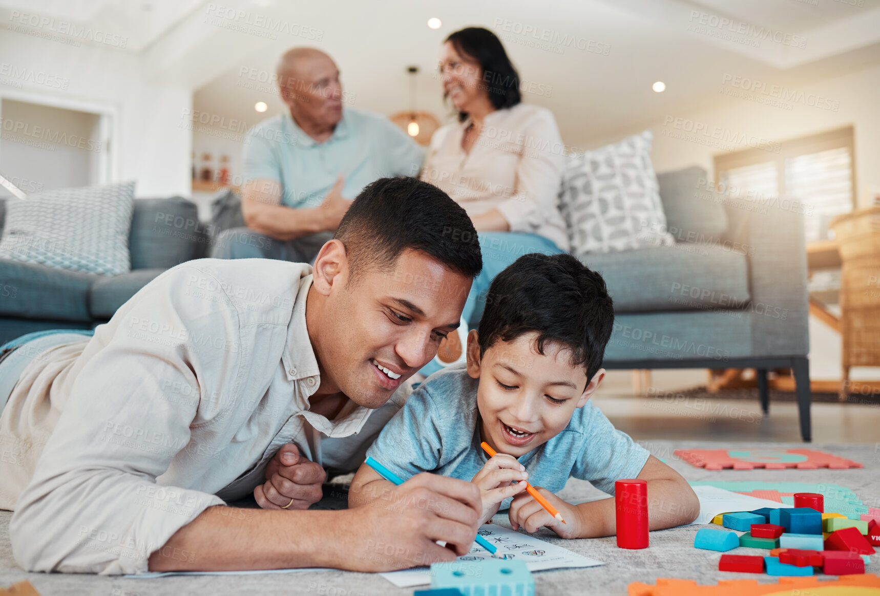 Buy stock photo Dad, child and drawing, playing on floor of living room and bonding with quality time together in family home. Learning, fun and happy father with son, building block games and smile with education.