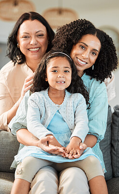 Buy stock photo Grandma, mother and daughter in portrait, sofa and smile together with love, bonding and relax in family house. Mom, senior woman and girl child with care, generations and happy in home living room