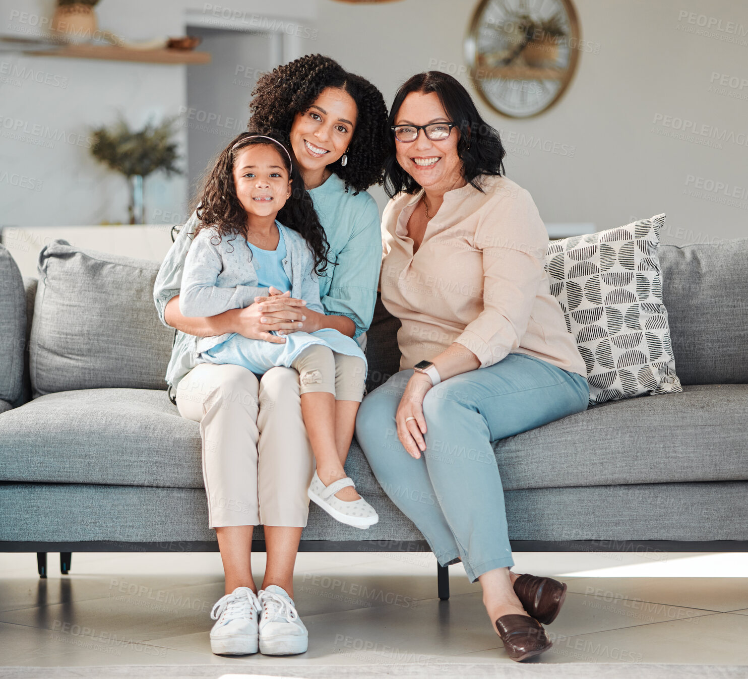 Buy stock photo Mother, grandmother and girl on sofa for portrait in living room, home or happy together for quality time or bonding in house. Smile, face of mama and elderly person to relax with young child