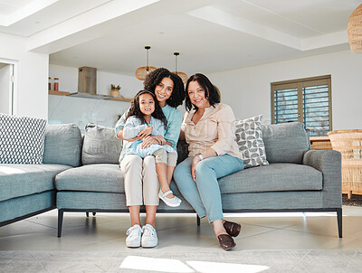 Buy stock photo Mom, grandmother and girl on sofa for portrait in living room, home or happy together for bonding, quality time in house. Smile, face of mother and elderly person to relax and support young child