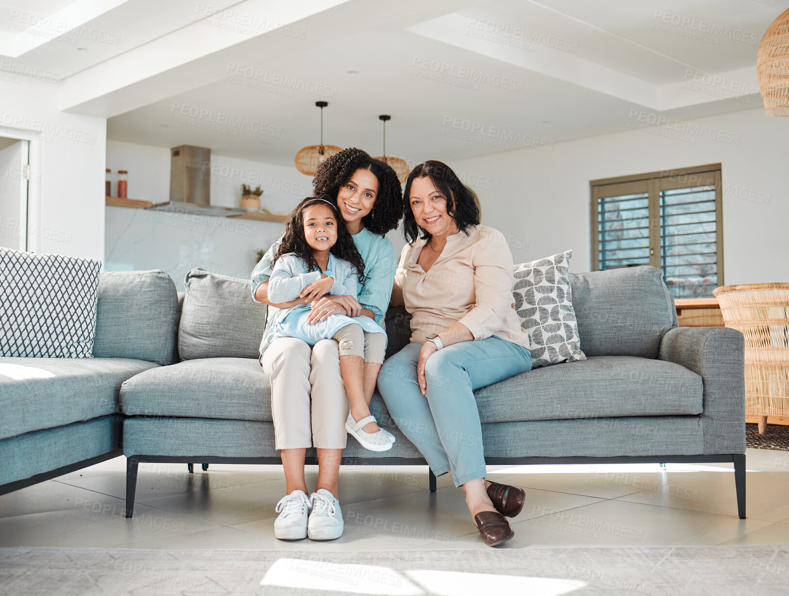 Buy stock photo Mom, grandmother and girl on sofa for portrait in living room, home or happy together for bonding, quality time in house. Smile, face of mother and elderly person to relax and support young child