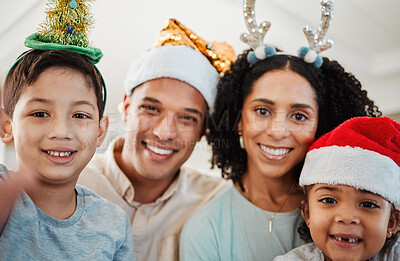 Buy stock photo Parents, children and christmas selfie with smile, family home and excited for event, culture and celebration. Mother, father and young kids with xmas memory, photography and profile picture for blog