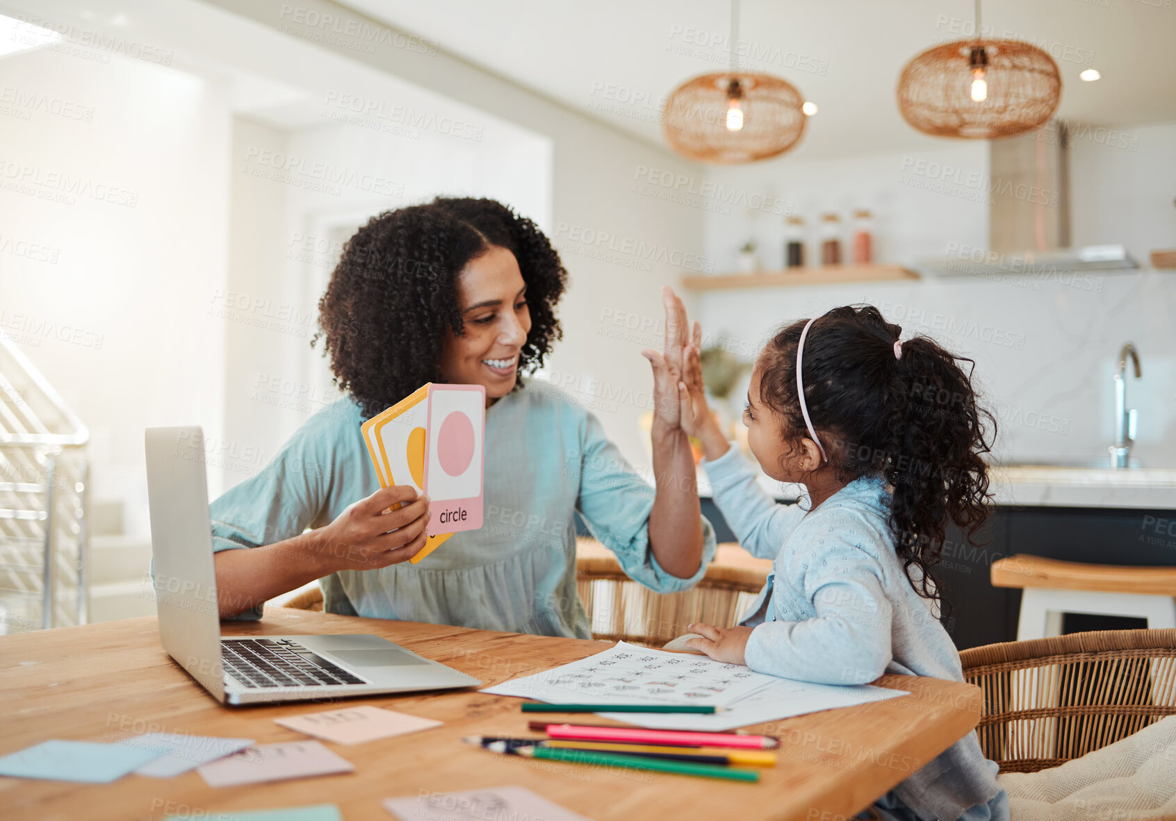 Buy stock photo High five, homework success or mother with happy kid in celebration of learning shapes, goals or test quiz. Teamwork, smile or proud mom teaching kindergarten girl or child with support or motivation