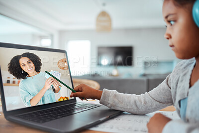 Buy stock photo Girl child, laptop and e learning in home with pencil, pointing and teacher in virtual classroom, test or assessment. Kid, woman and video call for online course, education or helping in family house