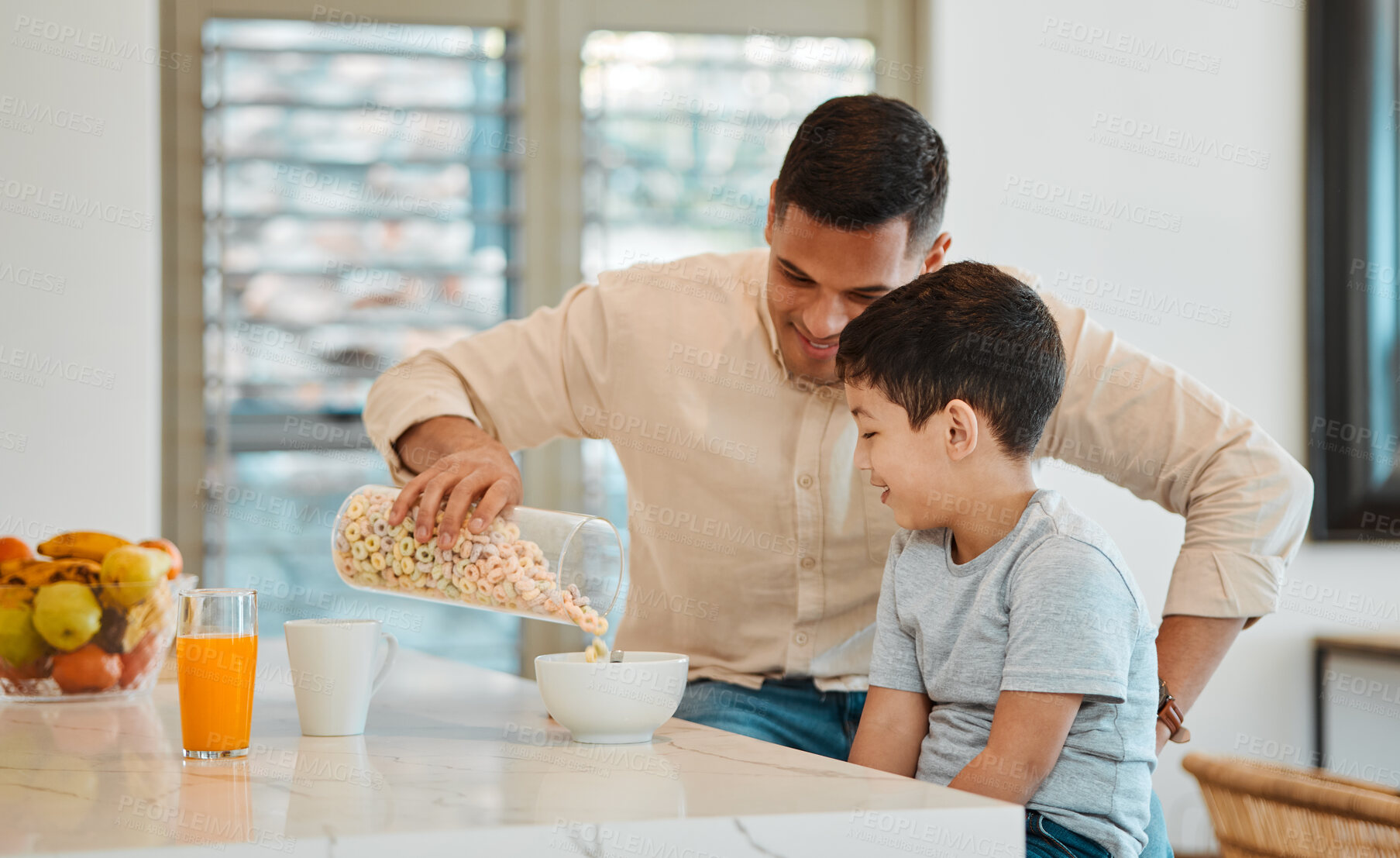 Buy stock photo Breakfast, morning and cereal with father and son at table for love, food and support. Happy, relax and health with man and child eating in family home for nutrition, helping and happiness together