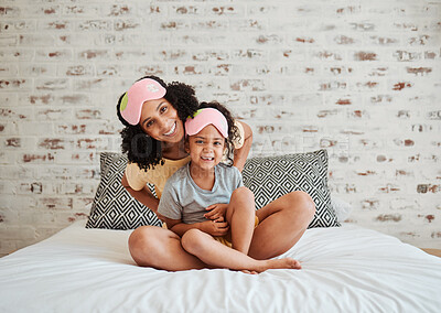 Buy stock photo Portrait, girl and mother with kid in bedroom for quality time in home to relax together with smile. Love, child and mother with happy face in morning for bond or care in apartment with support.