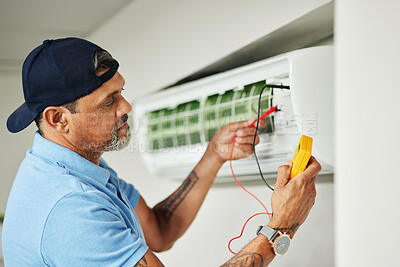 Buy stock photo Electrician, multimeter and test for power, electricity or energy inspection on electrical box, system and voltage tools. Technician, engineer or handyman to measure current, supply or maintenance
