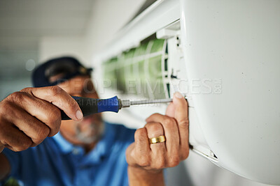 Buy stock photo Electrician, hands and air conditioning with man and screwdriver for maintenance, ventilation or power. Engineering, electricity and inspection with closeup of technician for ac repair and contractor