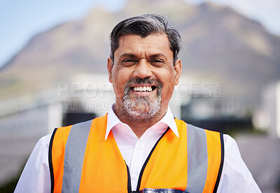 Buy stock photo Construction, manager and portrait of man in city for building project, site maintenance or civil engineering. Face, architecture or happy mature male contractor working in urban property development