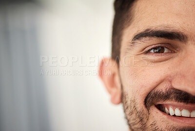 Buy stock photo Happy, half face and portrait of a man with a smile for a positive mindset with mockup space. Happiness, excited and young handsome male person with confidence by mock up for advertising or marketing