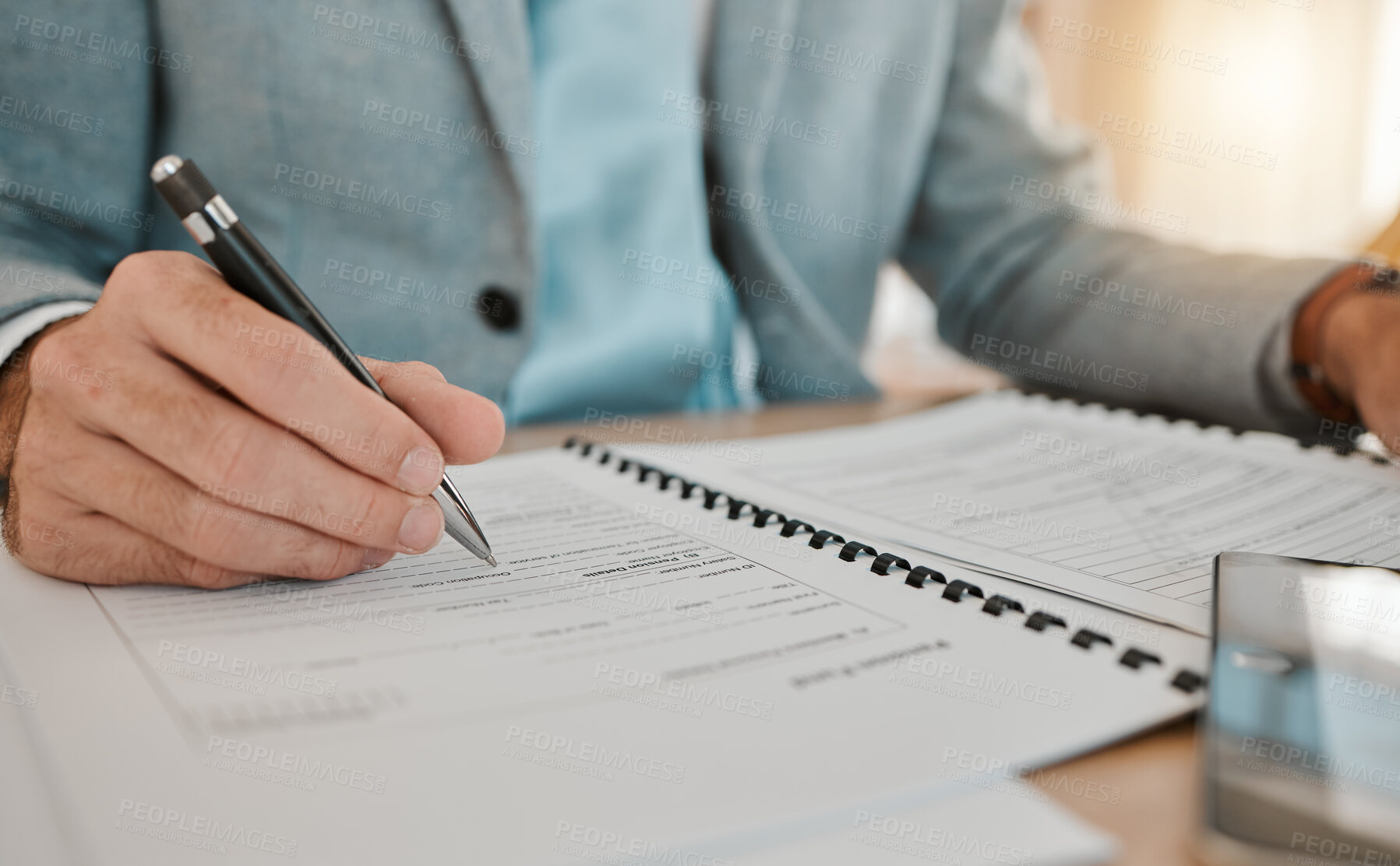 Buy stock photo Life insurance, contract and hands of lawyer sign an agreement paperwork in an office for security compliance. Document, testament and business person or attorney working on legal paper for a deal