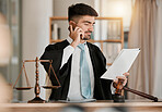 Attorney man, scales and hammer with phone call, documents and reading with thinking for crime analysis. Advocate, lawyer or judge with legal research, paperwork and networking for court evidence