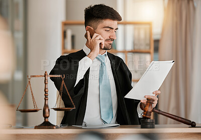 Buy stock photo Attorney man, scales and hammer with phone call, documents and reading with thinking for crime analysis. Advocate, lawyer or judge with legal research, paperwork and networking for court evidence