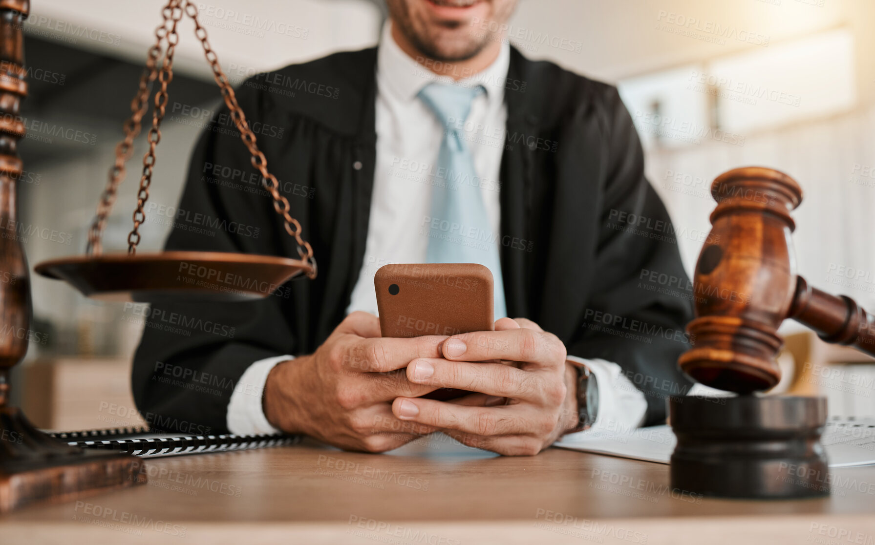 Buy stock photo Judge, hands and professional man typing communication, networking or texting legal contact, law firm consultant or advocate. Government lawyer, smartphone and person reading attorney policy update