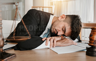 Buy stock photo Judge, sleeping and office man tired after working on legal paperwork, court documents or advocate justice. Government, law firm lawyer and male attorney fatigue, dream and burnout after policy work