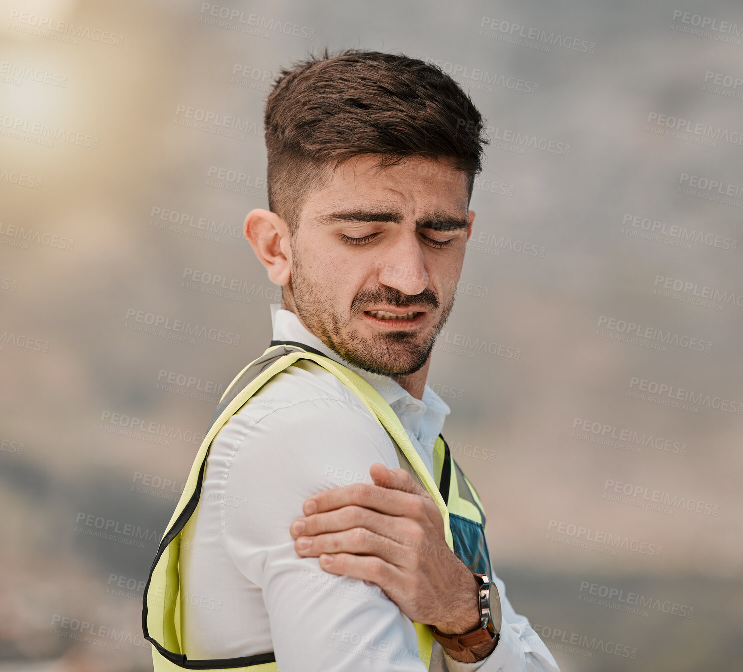 Buy stock photo Architect shoulder pain, problem and hurt man with anatomy injury, medical emergency or fibromyalgia. Body trauma accident, architecture or male engineer with sore muscle joint from civil engineering