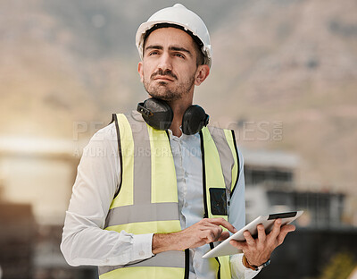 Buy stock photo Thinking, engineering and man at construction site with tablet for inspection, project management and architecture. Maintenance, online research and builder with digital checklist for expert safety.