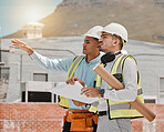 Architect planning, teamwork or people gesture at development project, building site or civil engineering. Construction worker, collaboration or engineer team cooperation on urban industrial property