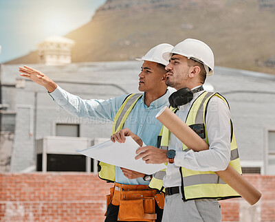 Buy stock photo Architect planning, teamwork or people gesture at development project, building site or civil engineering. Construction worker, collaboration or engineer team cooperation on urban industrial property