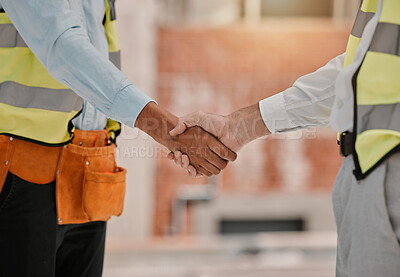 Buy stock photo Architect hand shake, partnership and people teamwork on development project, industrial deal or architecture. Contractor hiring, construction worker contract agreement or engineer welcome handshake