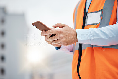 Buy stock photo Phone, engineering and hands of man in city for architecture, construction site and communication. Building, social media and mobile app with closeup of contractor for contact, networking and mockup