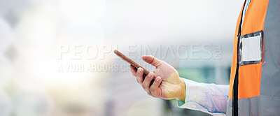 Buy stock photo Phone, architecture and hands of person on construction site for engineering, space and communication. Building, social media and banner with closeup of contractor for contact, networking and mockup