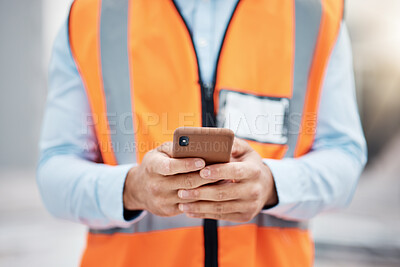 Buy stock photo Phone, construction site and search with hands of person for engineering, architecture and communication. Building, social media and mobile app with closeup of contractor for contact and networking