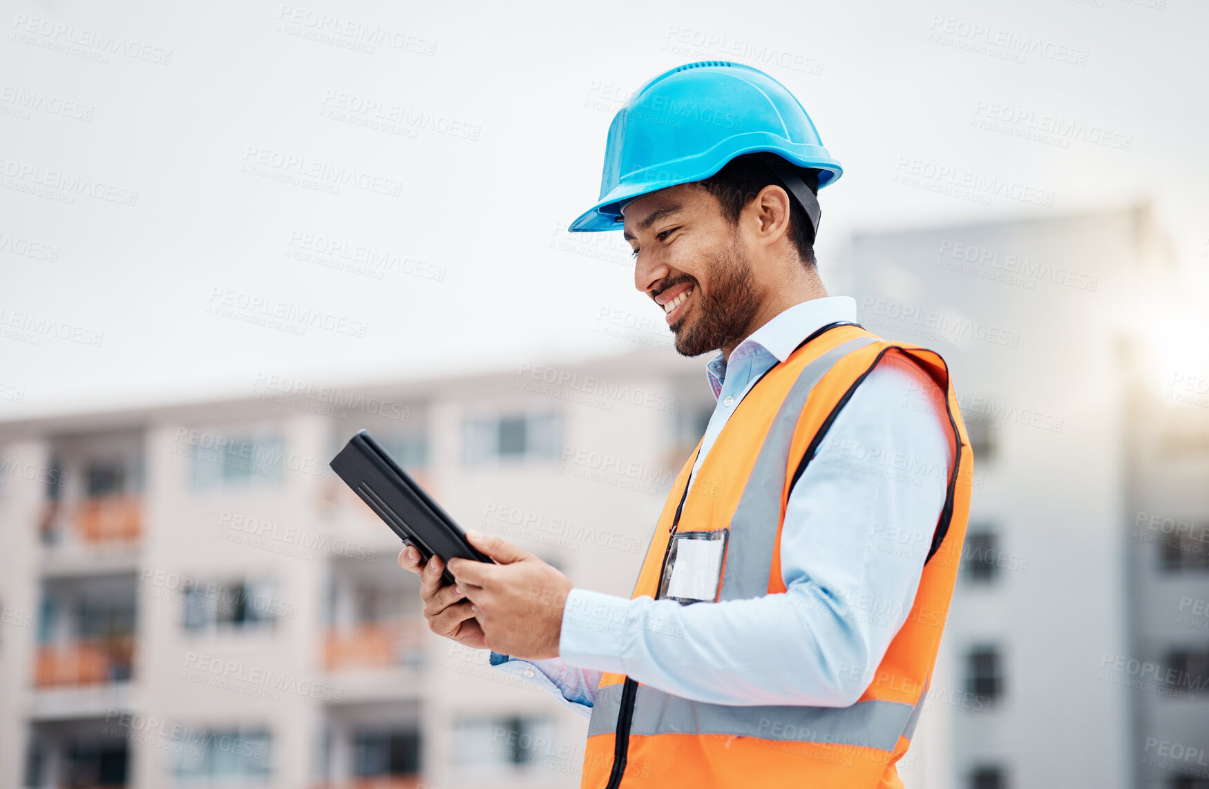 Buy stock photo Construction worker, tablet and with research and digital data for building renovation outdoor. Happy, engineer and male contractor with management and builder project with tech and online plan