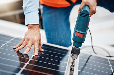 Buy stock photo Solar panel, drill and engineering with hands of man for renewable energy, project and power. Construction, electricity and sustainability with closeup of contractor for tools, photovoltaic and grid