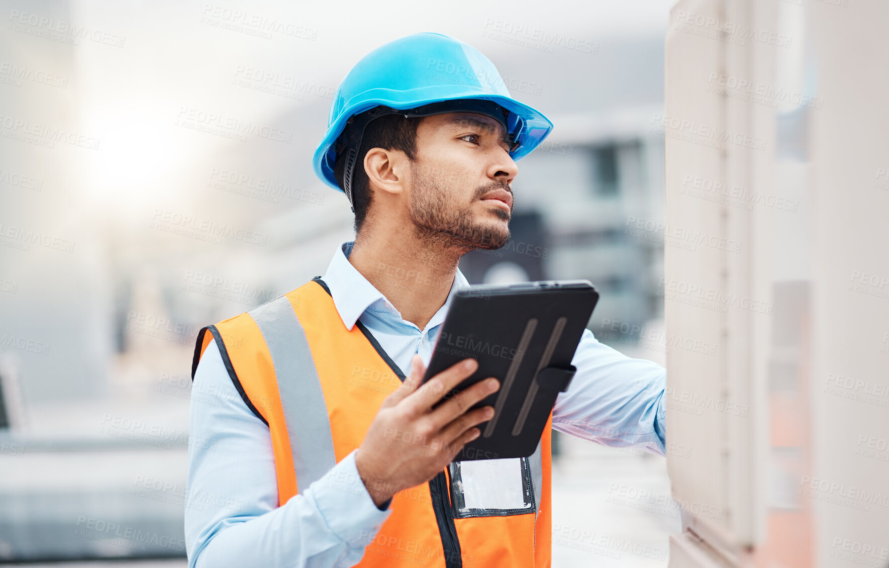 Buy stock photo Tablet, engineering and man with air conditioning on roof for repair, maintenance and inspection. Solar power, construction and male worker on digital tech online for service, check and electricity