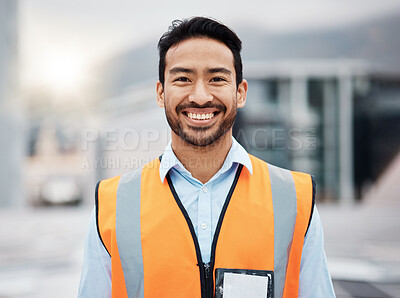 Buy stock photo Happy asian man, technician and portrait in city for construction, installation or inspection on rooftop. Male person, engineer or contractor smile for architecture career, building or maintenance