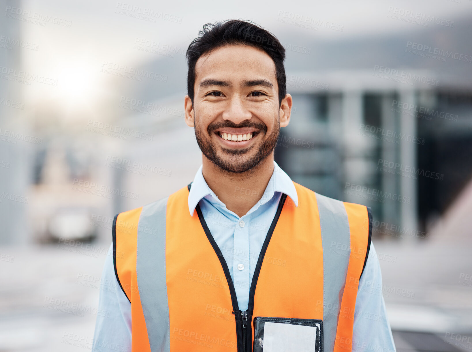 Buy stock photo Happy asian man, technician and portrait in city for construction, installation or inspection on rooftop. Male person, engineer or contractor smile for architecture career, building or maintenance