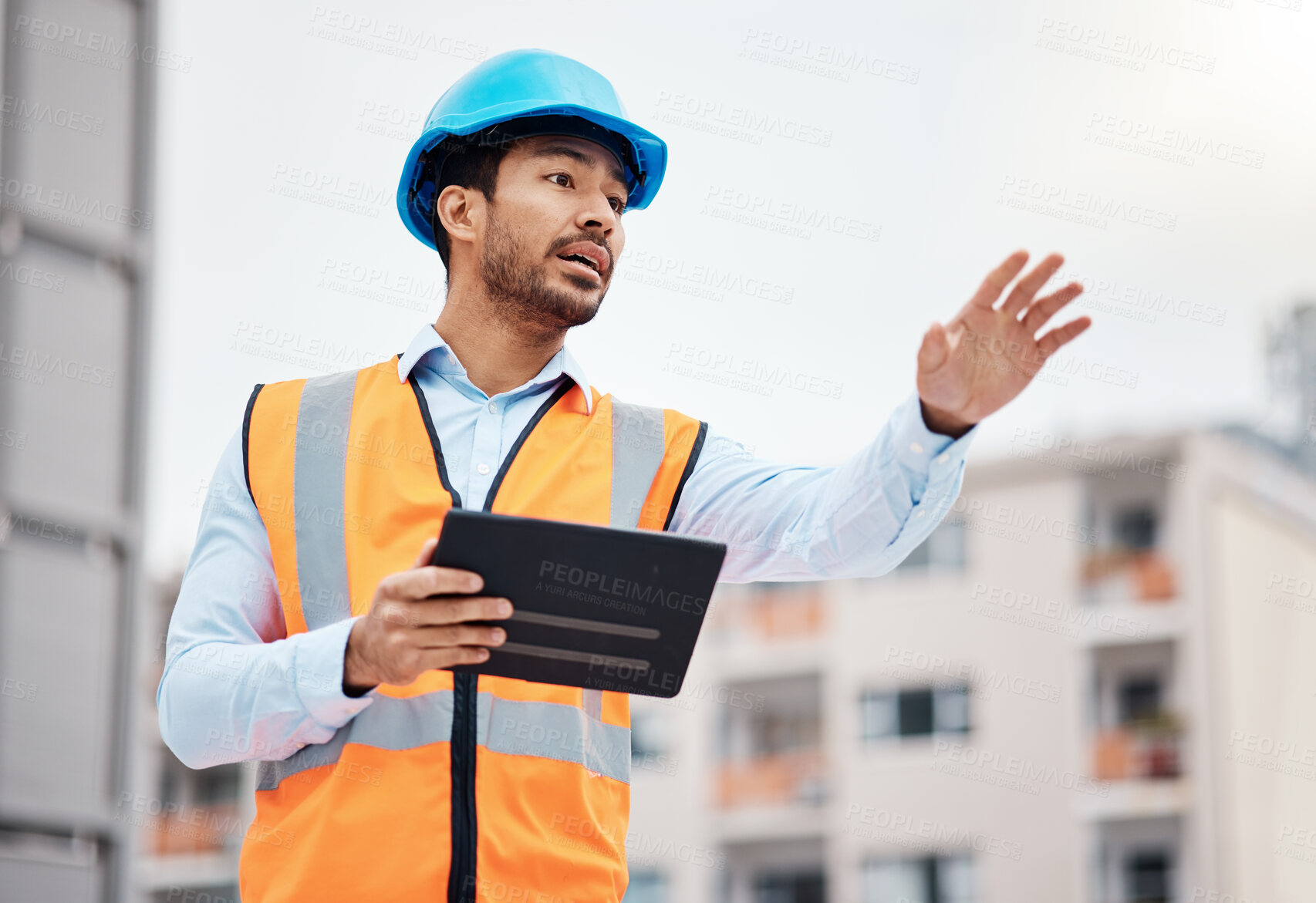 Buy stock photo Asian man, architect and tablet in city for management on construction site, inspection or coordination. Male person, engineer or contractor working on technology for architecture or maintenance