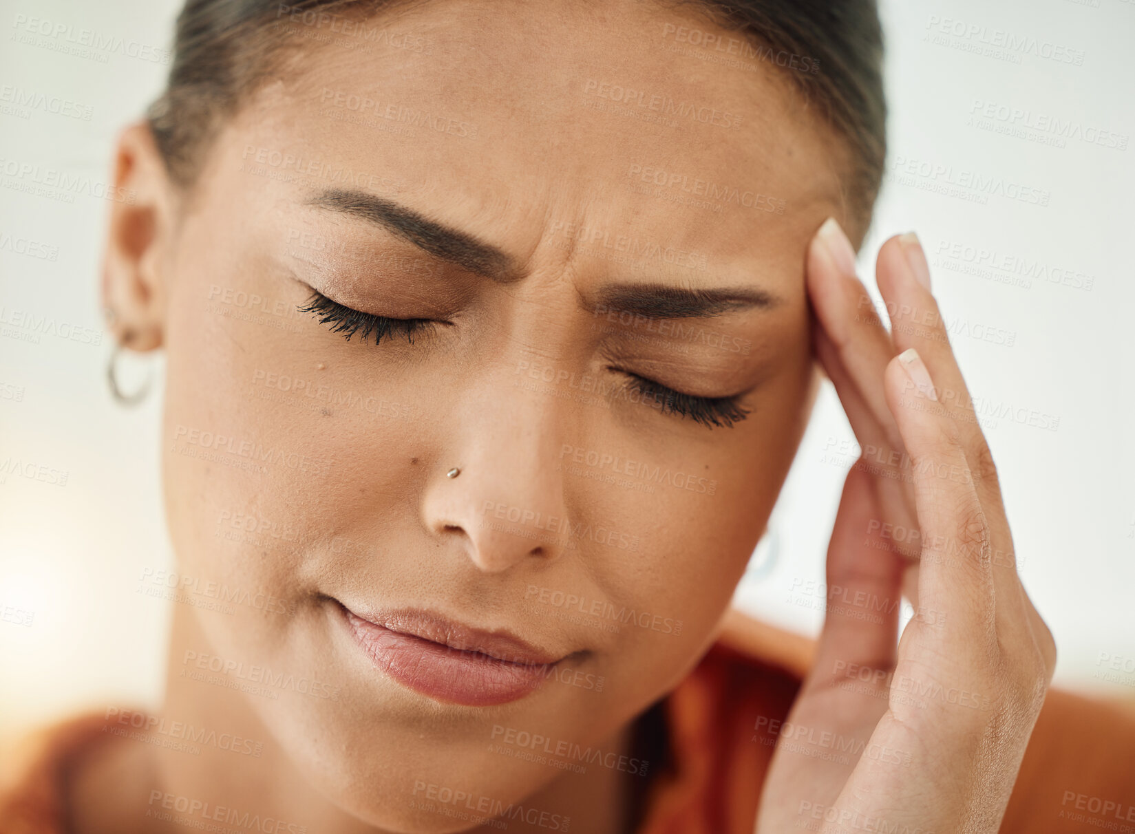 Buy stock photo Face, woman and pain of headache from stress, mental health and sick of fatigue. Closeup of sad female person with depression, anxiety or frustrated with brain fog, debt and crisis of burnout