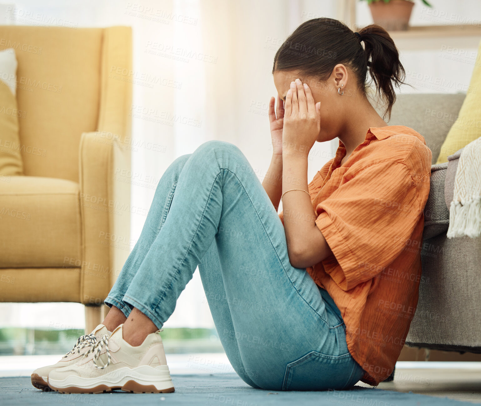 Buy stock photo Headache, woman and stress on floor of home with anxiety, depression or ptsd of trauma. Sad girl crying in living room for worry, psychology and pain of mistake, shame and tired of mental health risk