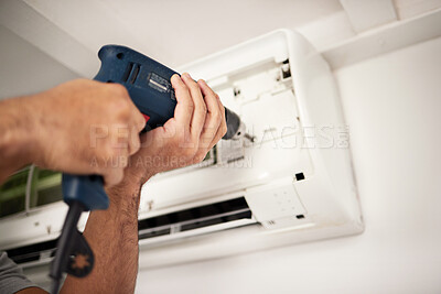 Buy stock photo Maintenance, air conditioner and hands of man with drill working on ventilation filter or ac repair technician. Contractor, handyman or electric aircon machine expert problem solving with power tools