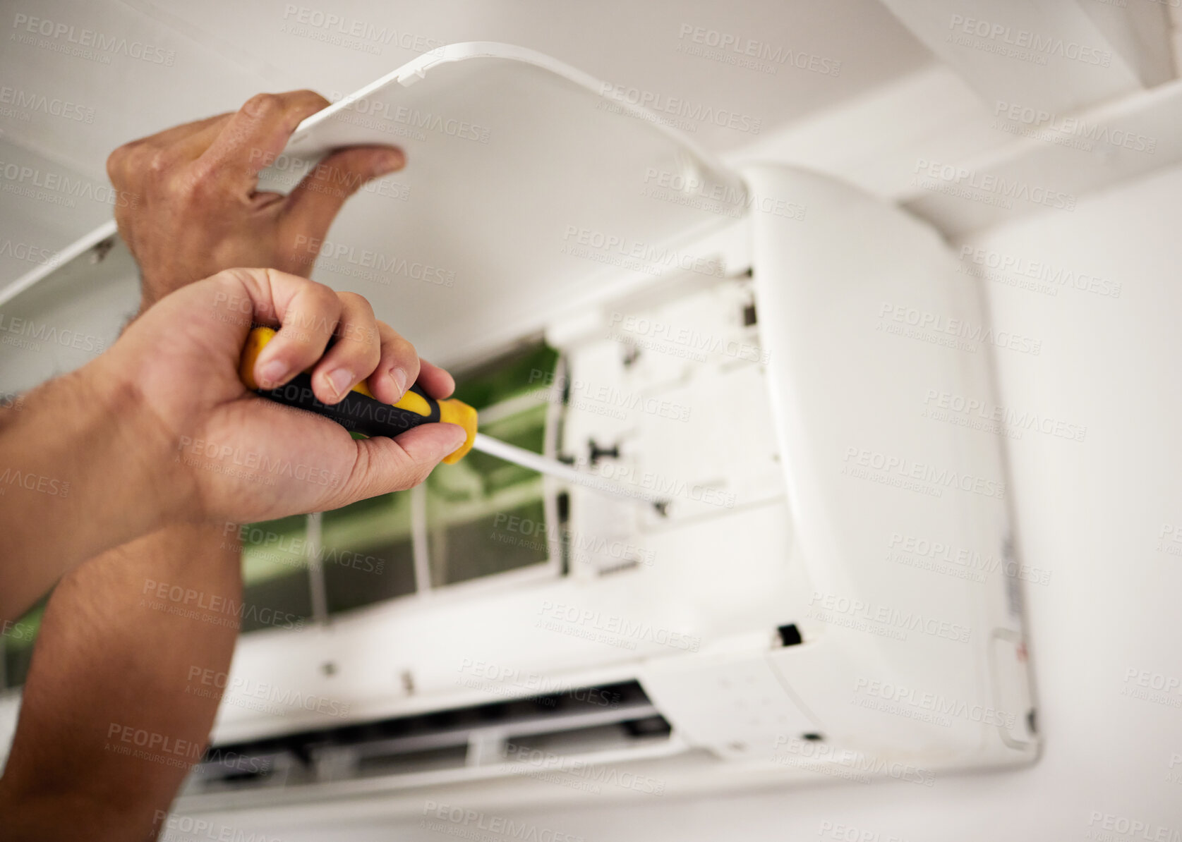 Buy stock photo Maintenance, air conditioner and hands of man with screwdriver working on ventilation filter for ac repair. Contractor service, handyman or electric aircon machine expert problem solving with tools.