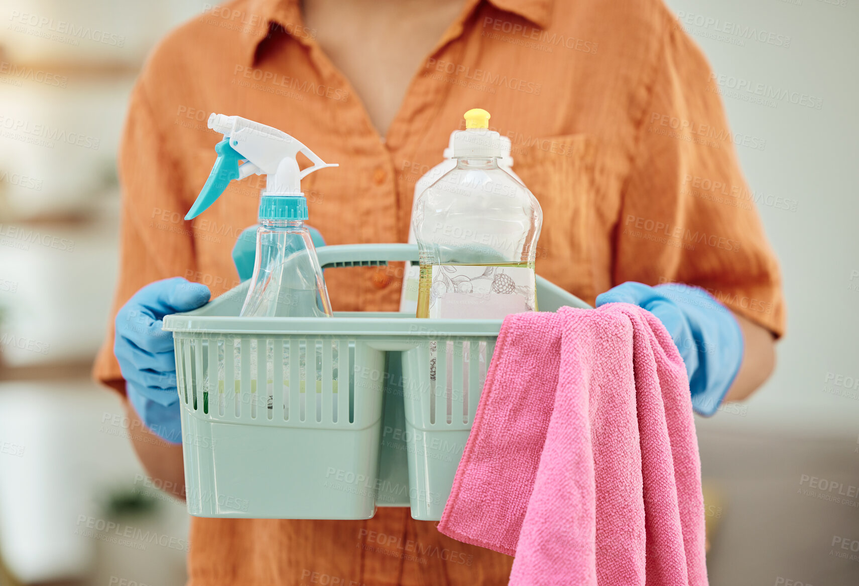 Buy stock photo Hands of person with detergent basket for cleaning, housekeeping and disinfection of dirt, bacteria and dust. Closeup of cleaner, maid and container of chemical bottles, products and liquid tools 