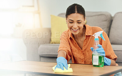 Buy stock photo Spray, woman and smile for cleaning table, furniture and housekeeping services at home. Female cleaner wipe surface with cloth, bottle of chemical product and disinfection of dust, bacteria and dirt