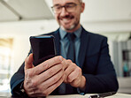 Business man, hands and typing with phone on corporate news app, reading stock market information and trading online. Closeup of entrepreneur, trader and mobile chat notification for social network