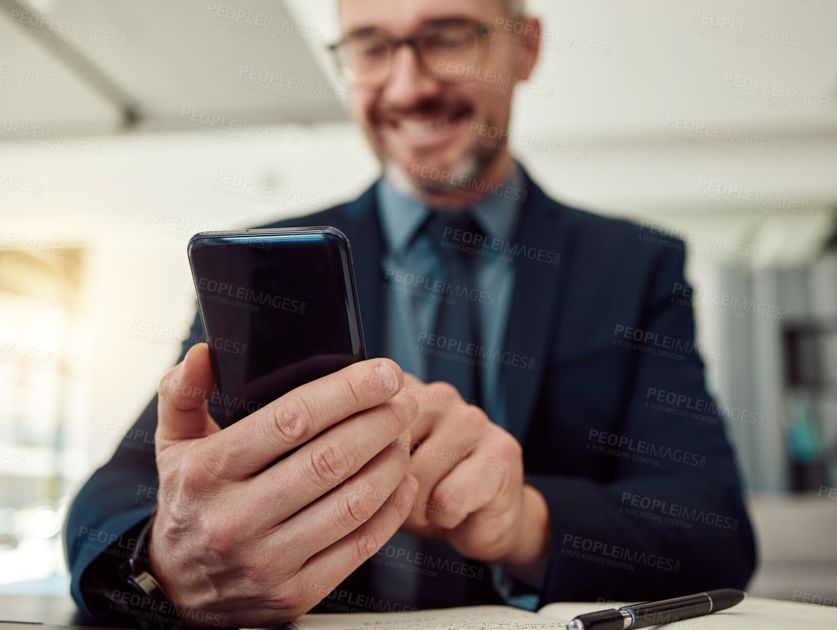 Buy stock photo Business man, hands and typing with phone on corporate news app, reading stock market information and trading online. Closeup of entrepreneur, trader and mobile chat notification for social network