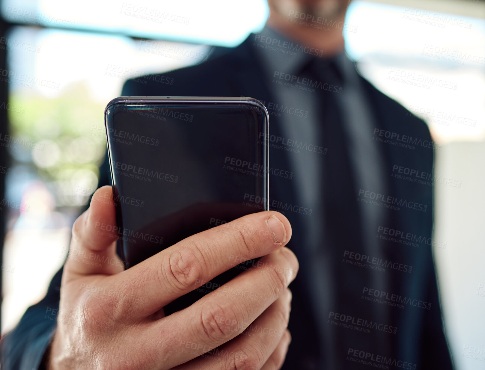Buy stock photo Business man, hands and smartphone for reading corporate news app, stock market information and contact. Closeup, trader and mobile technology for social network, notification and trading on internet