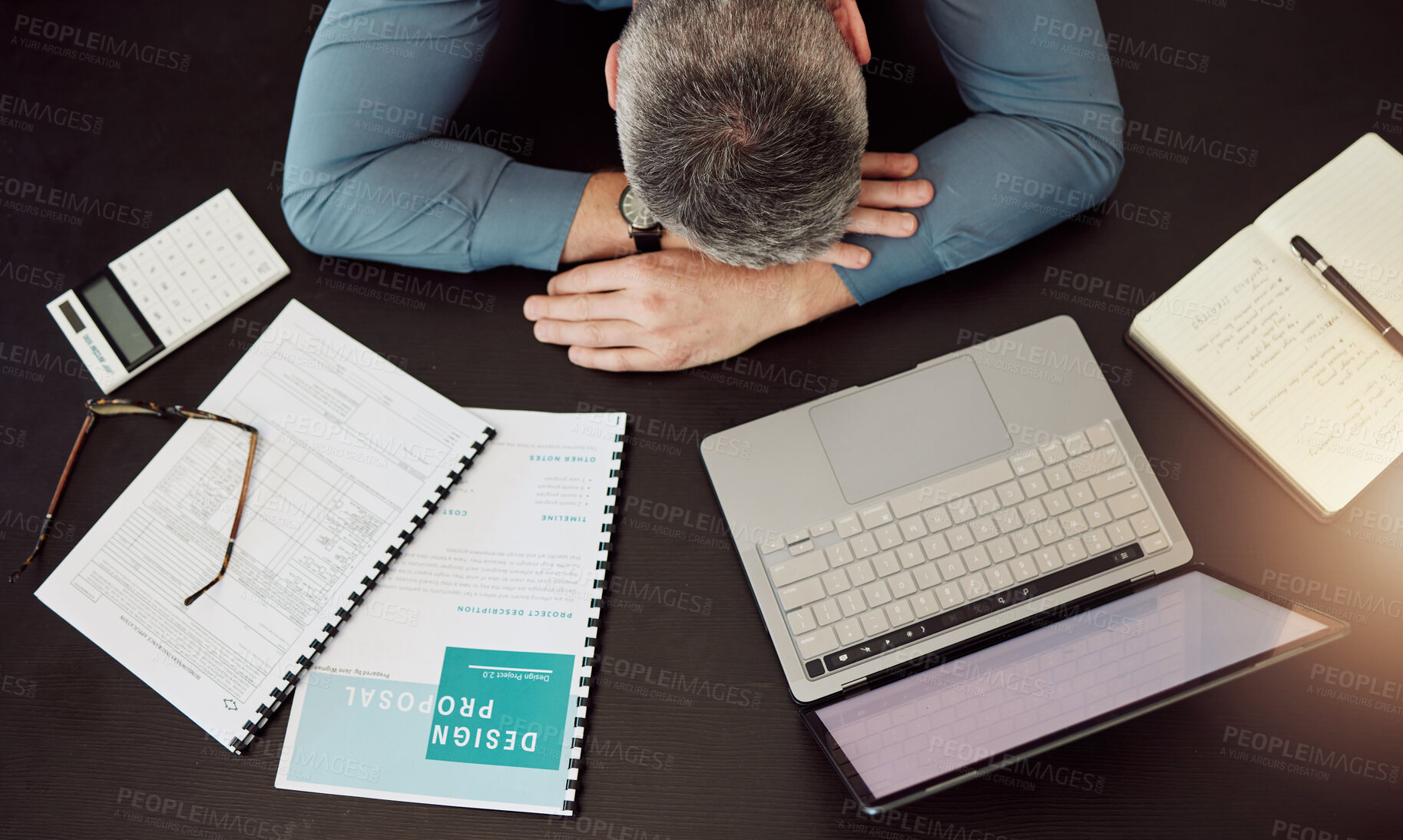 Buy stock photo Business man, sleep and desk in top view with laptop, documents and working overtime for design proposal. Web developer, notebook and computer with fatigue, tired and stress in workplace for deadline