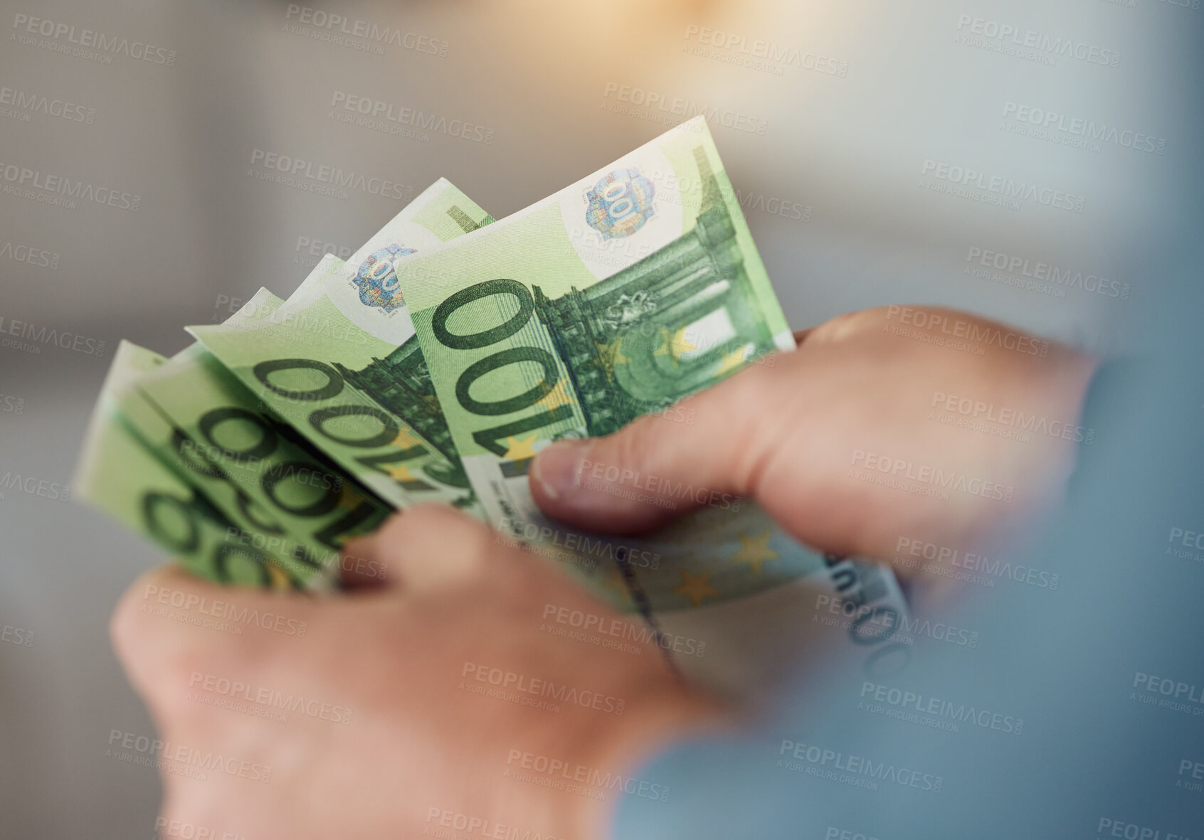 Buy stock photo Money fan, hands and investment of euros for banking, paper bills and budget of financial freedom. Closeup of rich investor, salary and income of bonus finance, cash savings and wealth for accounting