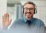 Headphones, portrait and man wave on video call for business, smile or chat at home. Happy face, hello and webinar of mature manager with glasses in virtual meeting, online conference and remote work