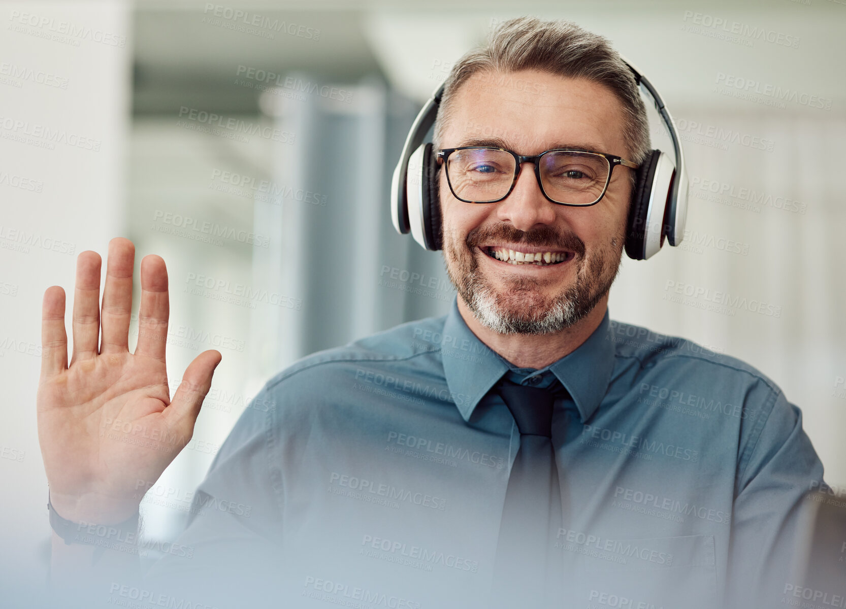 Buy stock photo Headphones, portrait and man wave on video call for business, smile or chat at home. Happy face, hello and webinar of mature manager with glasses in virtual meeting, online conference and remote work