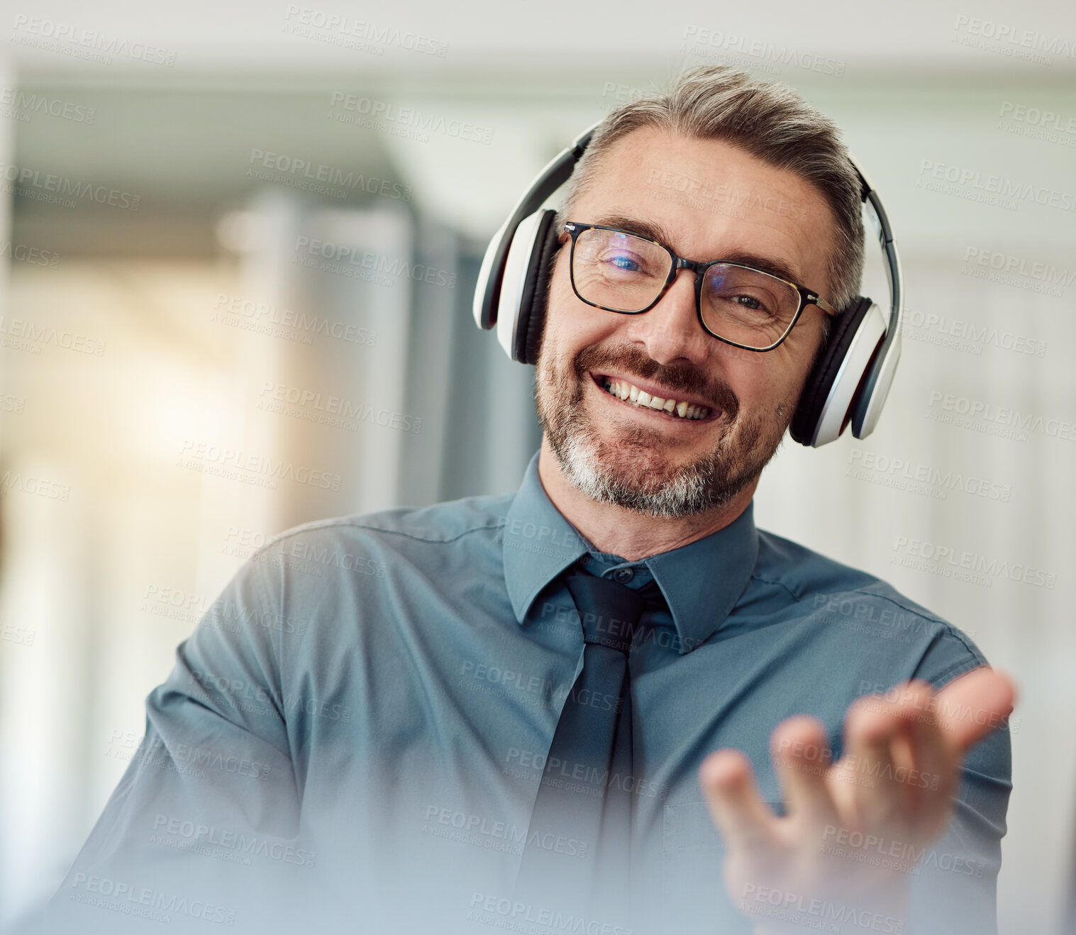 Buy stock photo Portrait, business and man with a smile, video call and communication with network, headphones and webinar. Face, presenter and employee with a headset, online meeting and speaker with connection